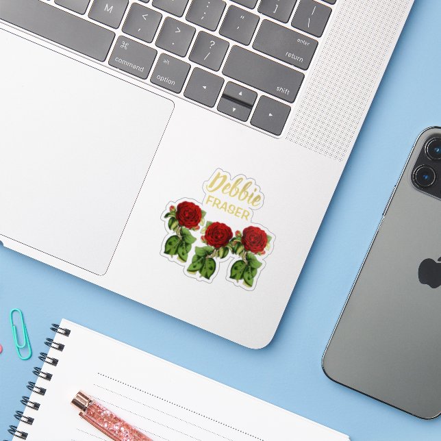 Sticker Fleur rouge et feuilles verts nom personnalisé (Ordinateur portable avec iPhone)