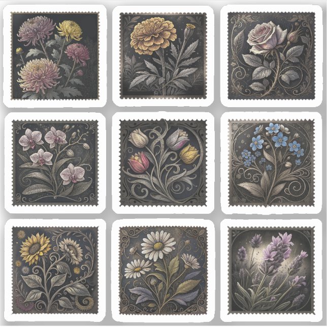 Sticker Fleurir Fleurs Timbres Postaux Dessin 9 Feuille (Devant)