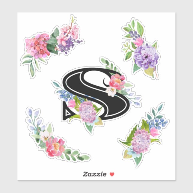 Sticker Fleurs d'aquarelle chic avec lettre S (Feuille)
