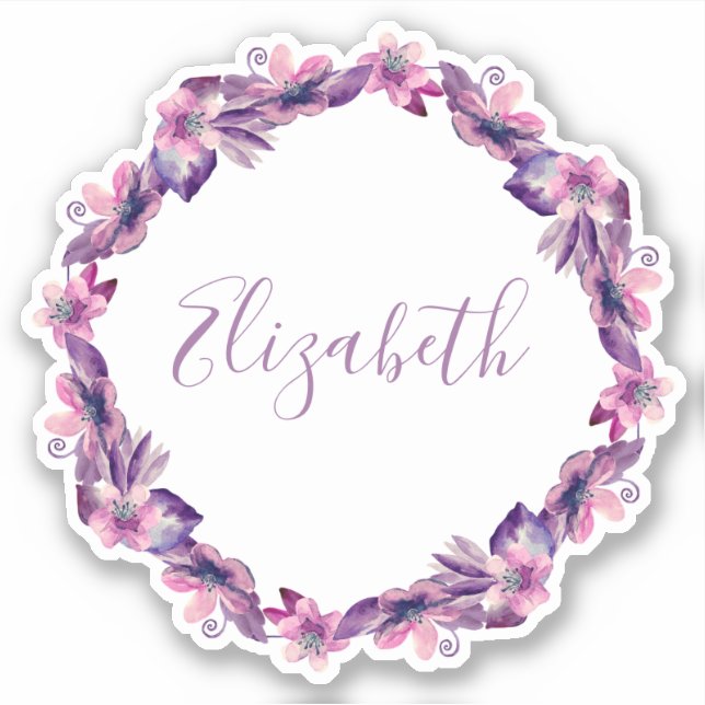 Sticker Fleurs d'aquarelle rose et violet. Nom botanique (Devant)