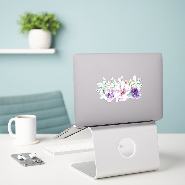 Sticker Fleurs d'aquarelles roses et violettes (Ordinateur portable sur le bureau)