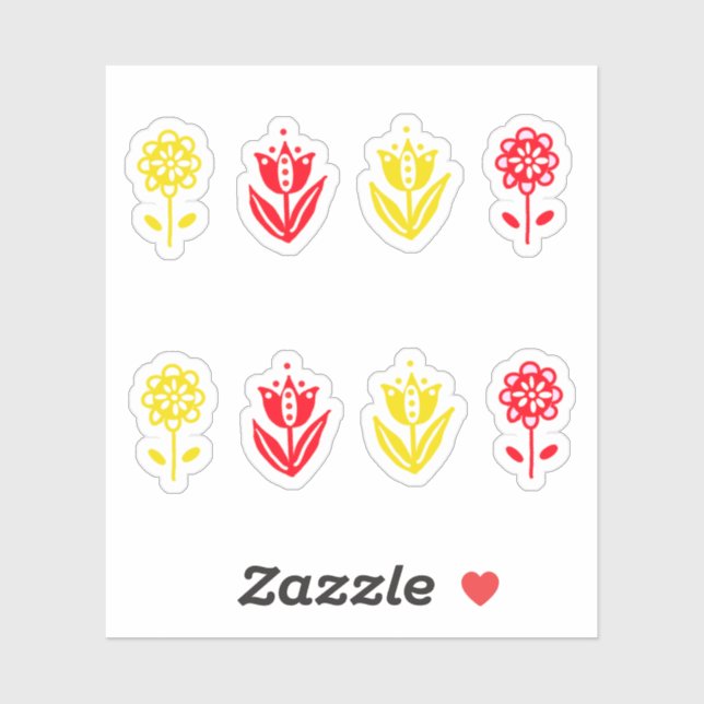 Sticker Fleurs de style folk scandi rouge jaune (Feuille)