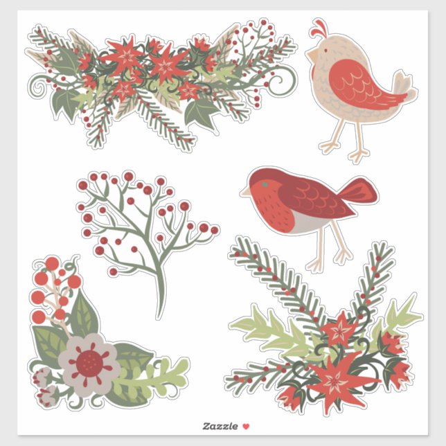 Sticker Fleurs d'oiseaux de Noël (Feuille)