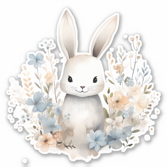 Sticker Fleurs sauvages lapin lapin bleu et lapin de pêche (Devant)