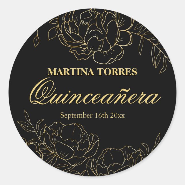 Sticker floral élégant Quinceanera noir et or (Devant)