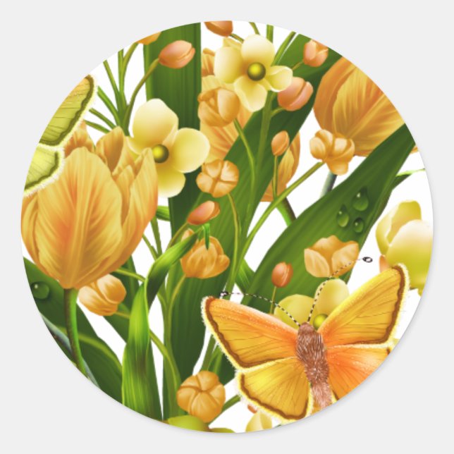 Sticker floral jaune et vert avec papillon (Devant)