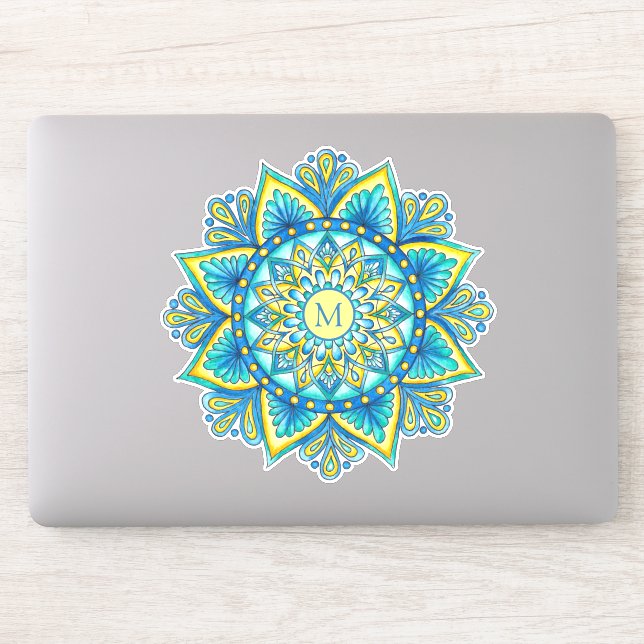 Sticker Floral Mandala Monogramme bleu turquoise jaune (Ordinateur)