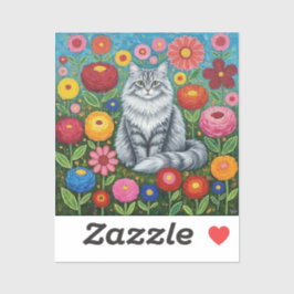 Sticker Fluffy Gray Striped Cat with Folk Art Flowers