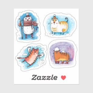 Sticker Funky Tabby Cats en hiver neige