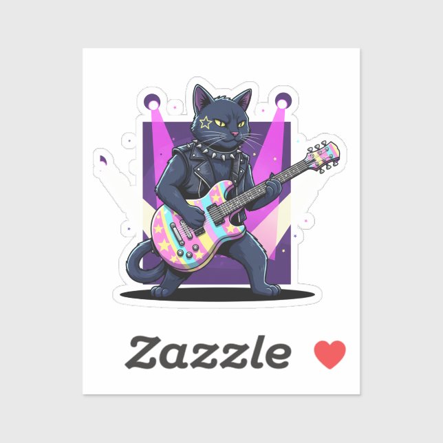 Sticker Funny Easter Cat Rockstar Playing Egg Guitar Music (Feuille)