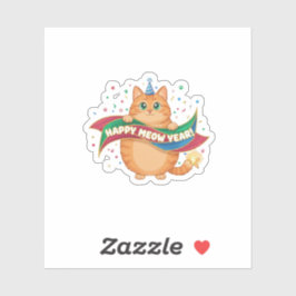 Sticker Funny "Happy Meow Year" Cat Pun Festive Confetti