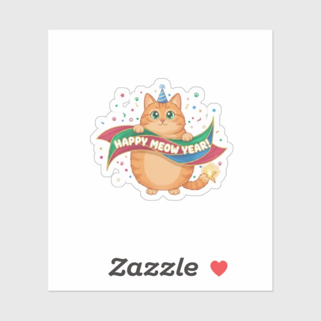 Sticker Funny "Happy Meow Year" Cat Pun Festive Confetti (Feuille)