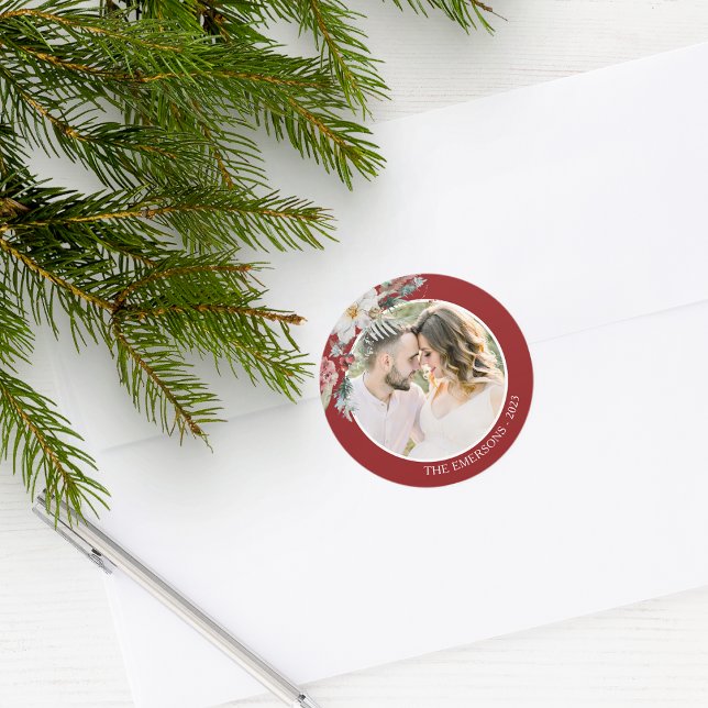 Sticker für botanisches Foto (Red Holiday Envelope Seal Merry Christmas Watercolor Floral Botanical Berries with Photo)