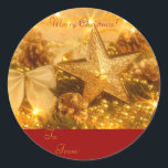 Sticker für die Golden Christmas<br><div class="desc">Eleganter Weihnachtsschild mit goldenen Ornamenten und glänzenden Weihnachtsbeleuchtung.</div>