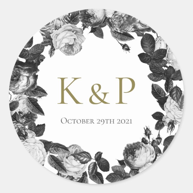 Sticker für die Hochzeit in Schwarz-Weiß-Rosen (Vorderseite)