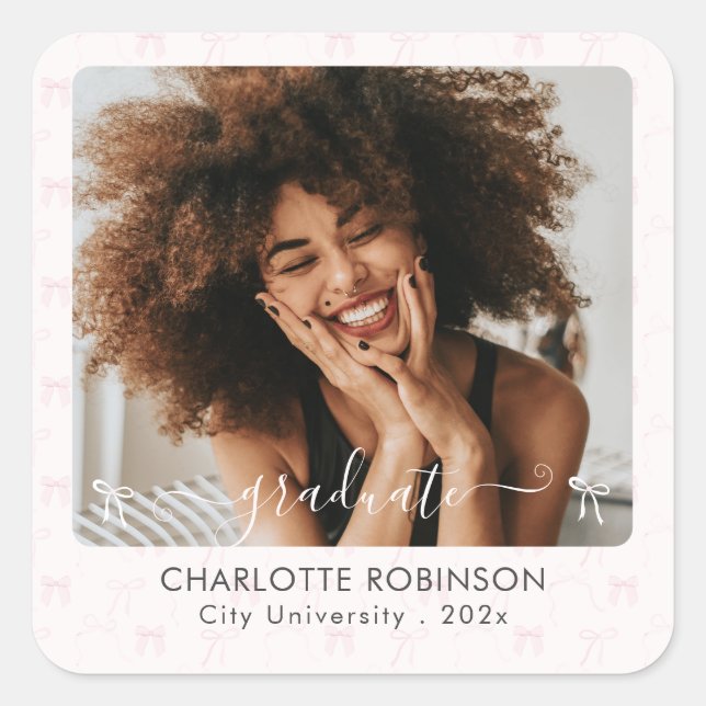 Sticker für elegantes Abschluss-Foto mit rosa Bow (Vorderseite)