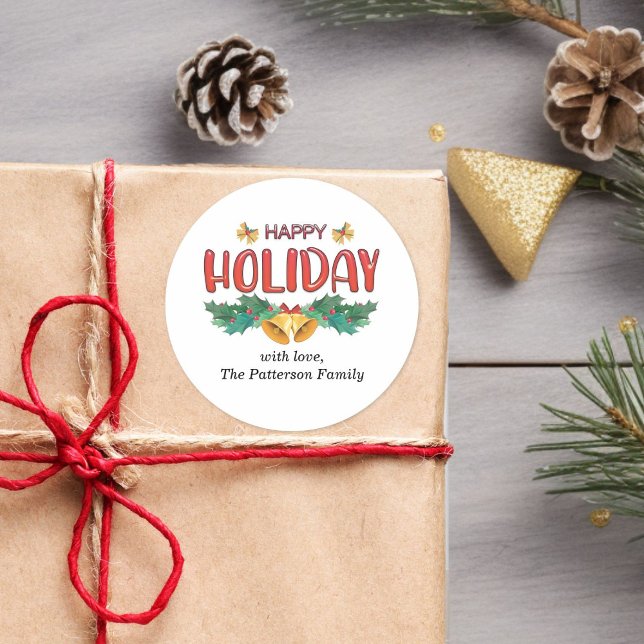 Sticker für klassische Urlaubsglocken und Holly Fa (Custom Classic Holiday Bells & Holly Family Name Sticker)