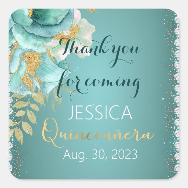 Sticker für Quinceanera Aquamarin Gold Personalisi (Vorderseite)