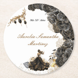 Sticker für Schwarz und Gold Quinceñera Runder Pappuntersetzer