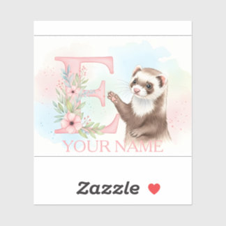 Sticker Furet aquarelle avec monogramme floral lettre E