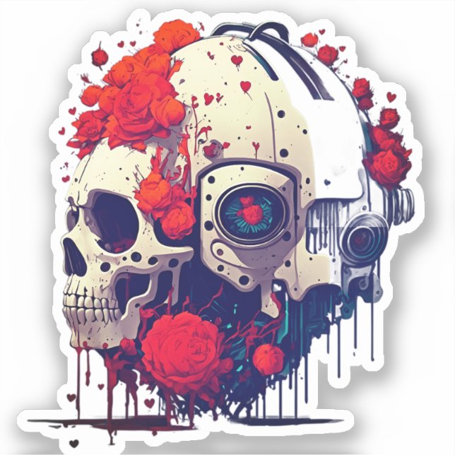 Sticker Futuriste Floral Crâne & Fusion Robot (Recto)