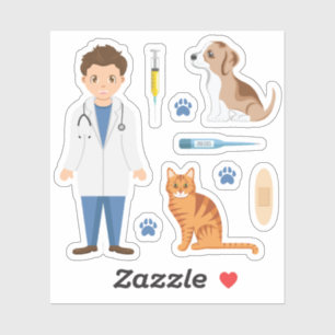 Sticker Garçon Vétérinaire Avec Chiot Chat Et Choses De Vé