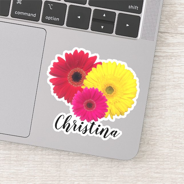 Sticker Gerbera rouge rose jaune avec nom | (Détail)