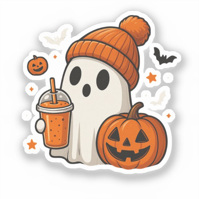 Sticker Ghost d'Halloween mignonne avec Citrouille et boir (Recto)