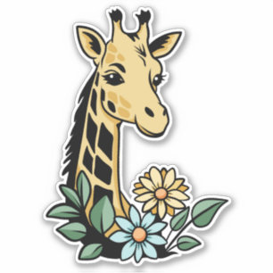 Sticker Giraffe Et Fleurs De Cartoon Cute