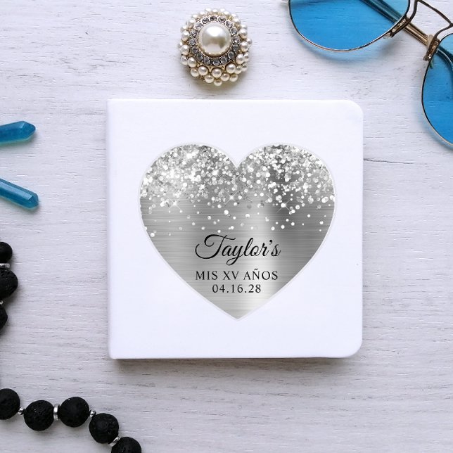 Sticker Glitterie Silver Foil Mis XV Años Forme cardiaque (Silver Glitter Custom Heart Sticker)