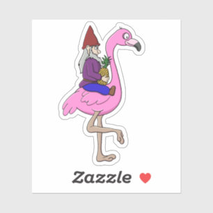 Sticker Gnome chevauchant un Flamant rose avec un ananas