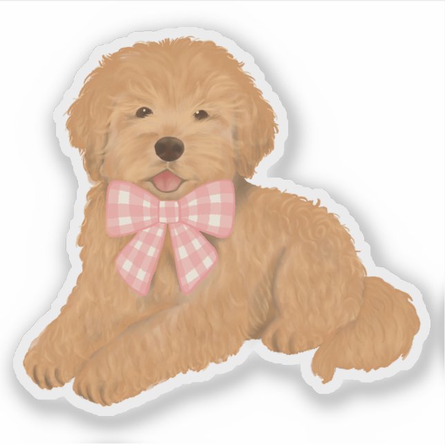 Sticker Golden Doodle with Pink Gingham Bow Party Favor (Devant)