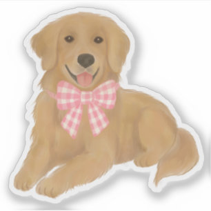 Sticker Golden Retriever avec Pink En vichy Bow Party Favo