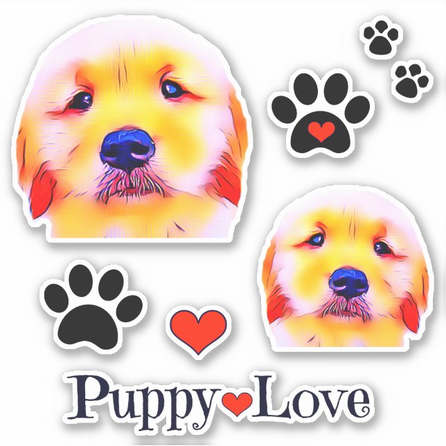 Sticker Golden Retriever Puppy Love and Pawprints Group (Devant)