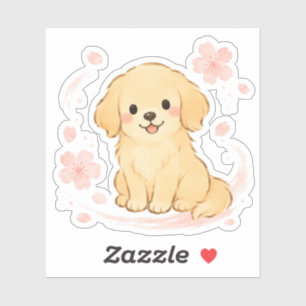 Sticker Golden Retriever Sakura Chien Pinceau Japonais