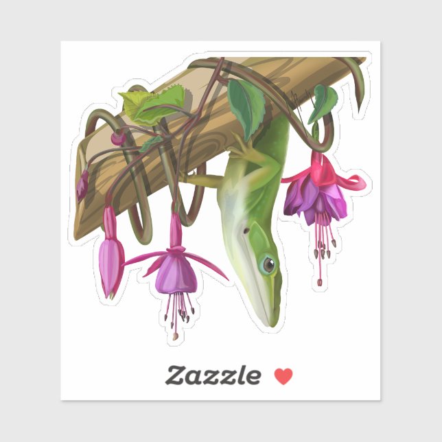 Sticker Green anole with Fuchsias  (Feuille)