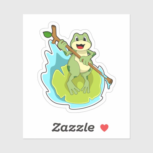 Sticker Grenouille comme randonneur avec bâton (Feuille)