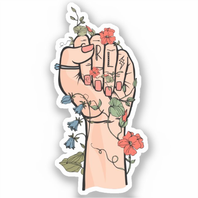 Sticker GRL puissance fleur à main rouge ongles lierre écl (Recto)