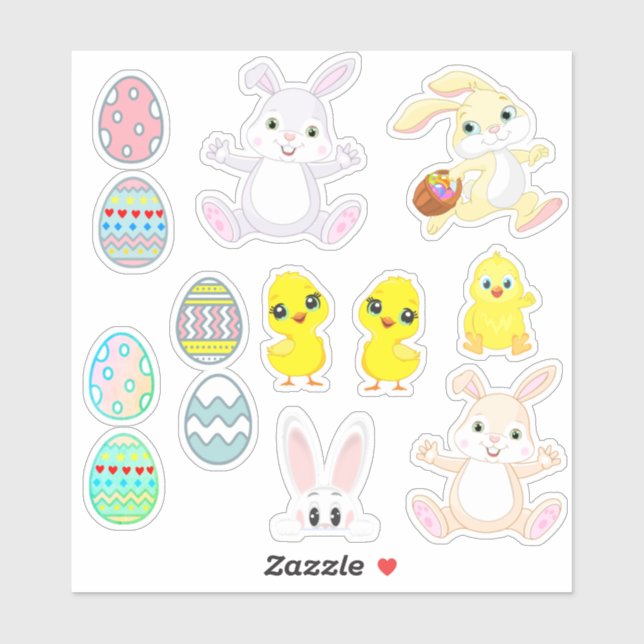 Sticker Gros lapins, poules et Oeufs de Pâques (Feuille)