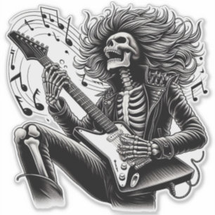 Sticker Guitariste Monochrome Skeleton avec Leathe Détaill