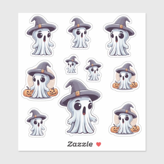 Sticker Halloween : 10 fantômes avec chapeau. (Feuille)