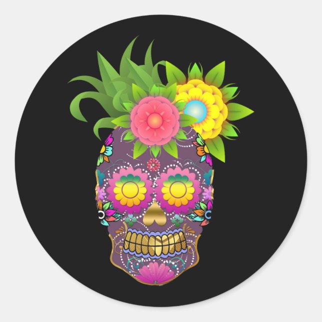 Sticker Halloween Floral Sugar Skull Classic rond (Devant)