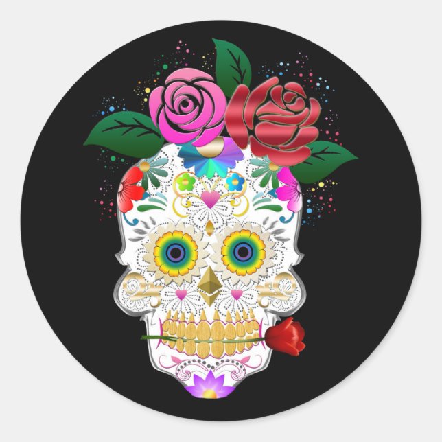 Sticker Halloween Floral Sugar Skull Classic rond (Devant)
