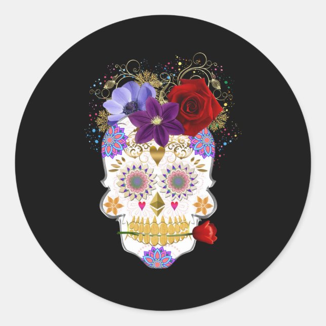 Sticker Halloween Floral Sugar Skull Classic rond (Devant)