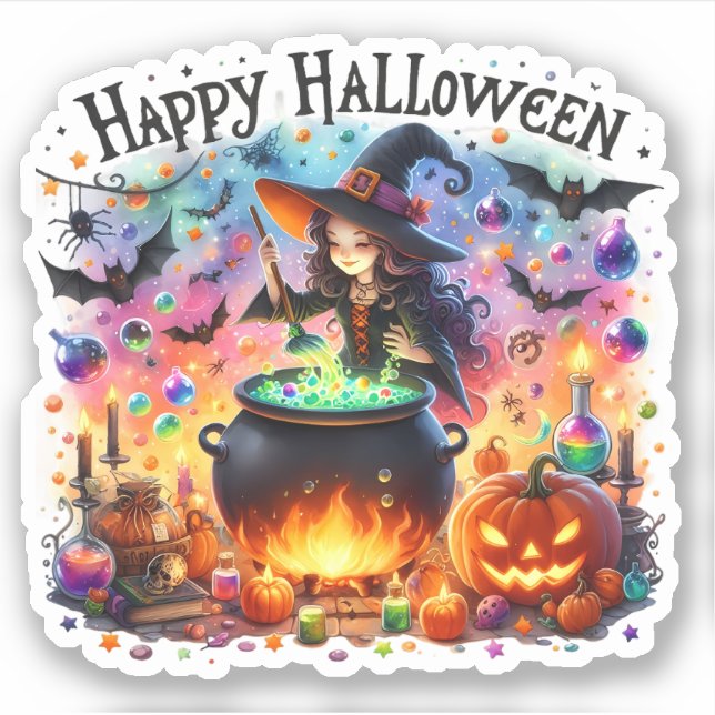 Sticker Halloween joyeux - Jolie sorcière, magie et chauve (Devant)
