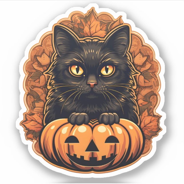 Sticker Halloween Petit Chat noir & Jack-o'-lantern orange (Devant)