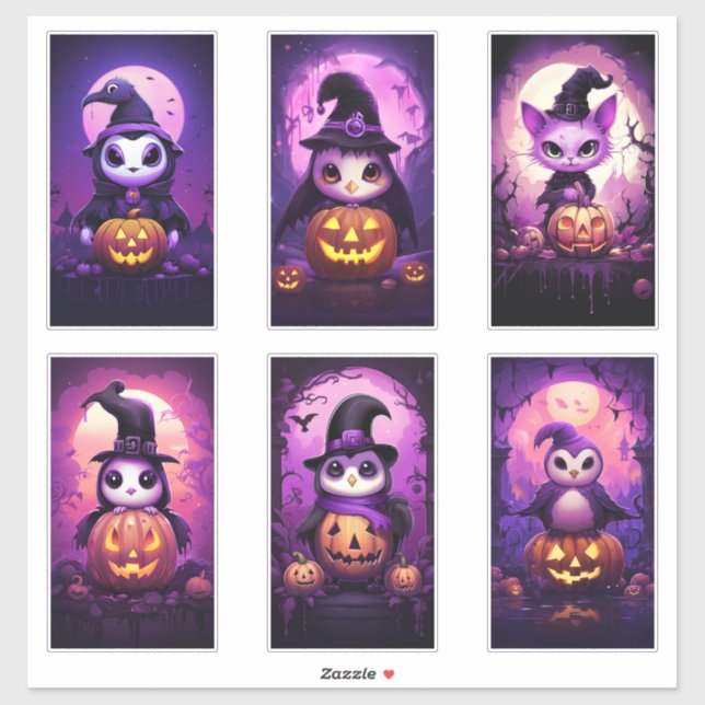 Sticker Halloween violet Emo Penguin avec des amis 2 (Feuille)