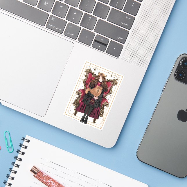 Sticker HARRY POTTER™ | Anime Hermione Granger assis (Ordinateur portable avec iPhone)