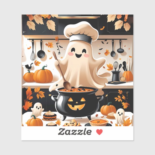 Sticker Haunted & Hungry - Kawaii Ghost Chef dans la Kitch (Feuille)