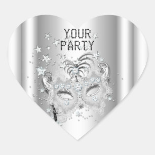 Sticker Herz MASKEN Weiß Silber Party